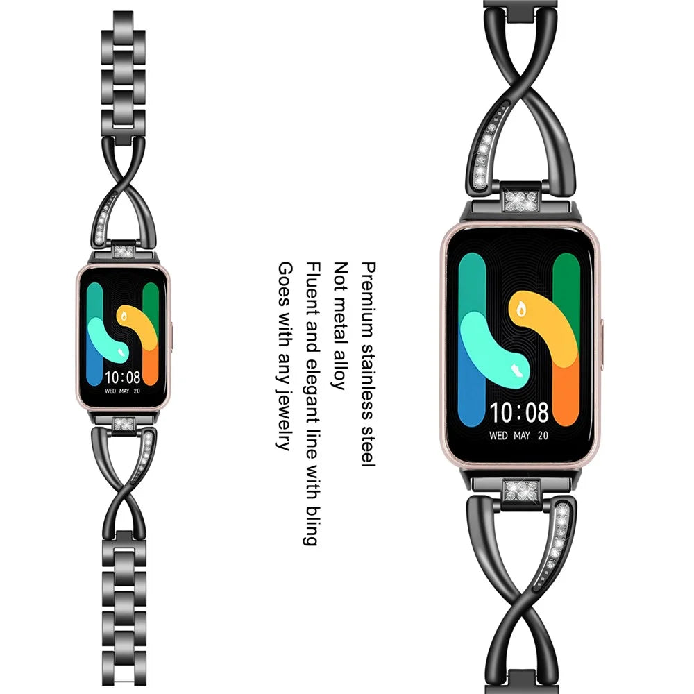 For Samsung Galaxy Fit3 SM-R390 Stainless Steel Strap Rhinestones Decor X-shape Smartwatch Band - Black - 4
