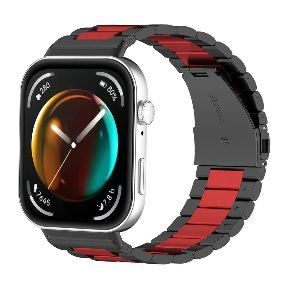 For Huawei Watch Fit 3 Replacement Band 3-Bead Stainless Steel Watch Strap with Tool - Black+Red - 4