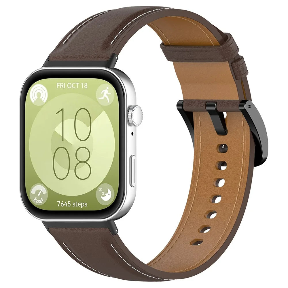 For Huawei Watch Fit 3 Watch Strap Genuine Cow Leather Adjustable Wrist Band - Purplish Red - 3