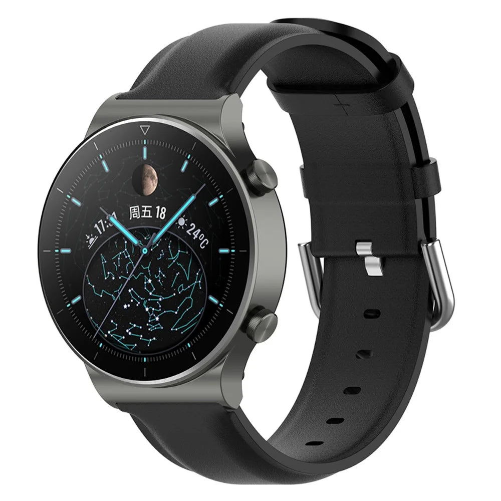 22mm Genuine Leather Watch Band for Huawei Watch GT Runner/Watch GT 3 46mm, Pin Buckle Smart Watch Band - Black - 4