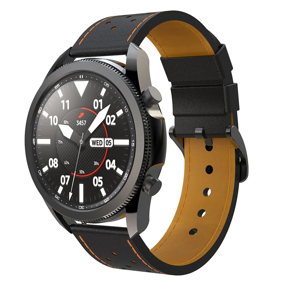 Stitching Genuine Leather Watch Band Replacement for Samsung Galaxy Watch3 45mm - Black/Orange Line - 3