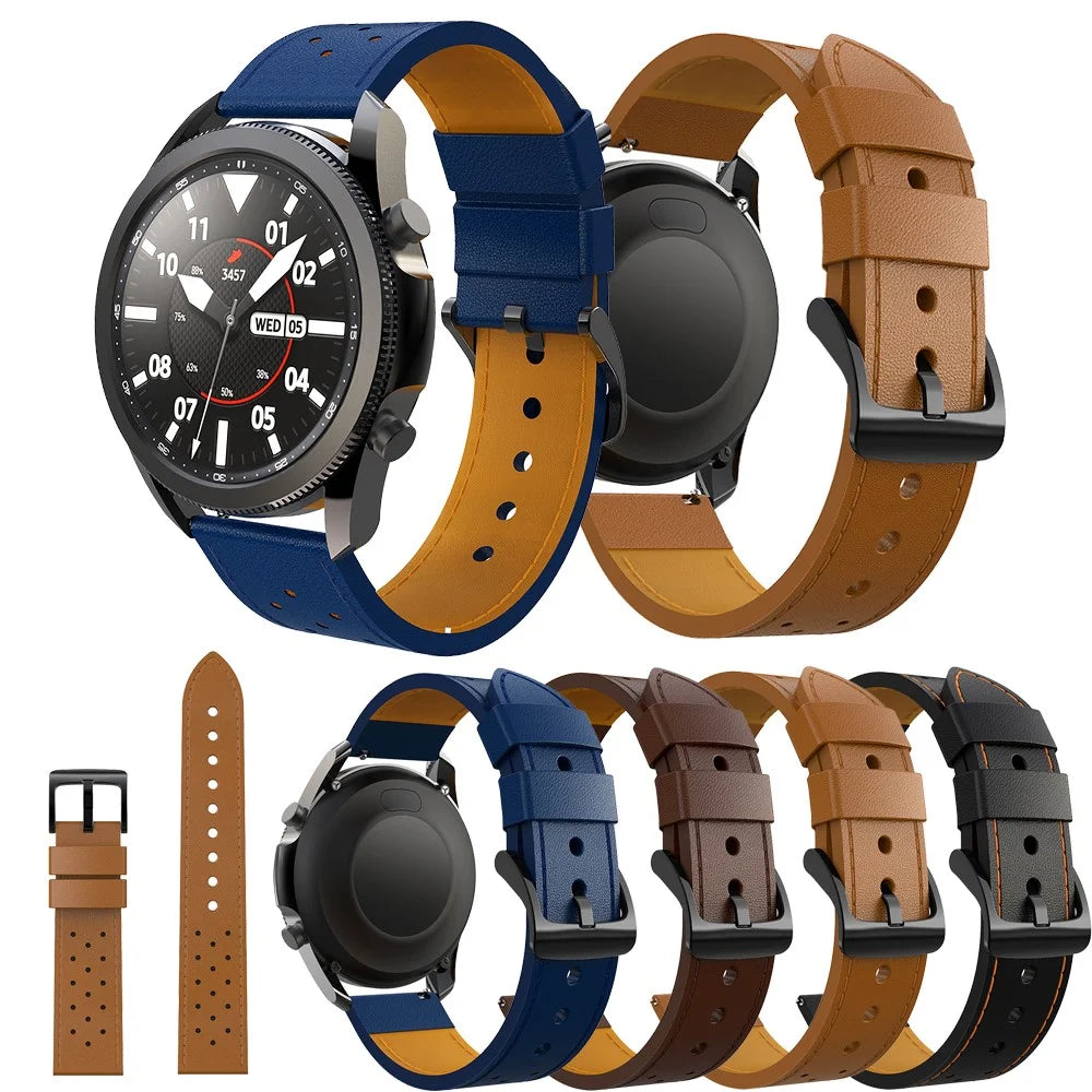 Stitching Genuine Leather Watch Band Replacement for Samsung Galaxy Watch3 45mm - Black/Orange Line - 5