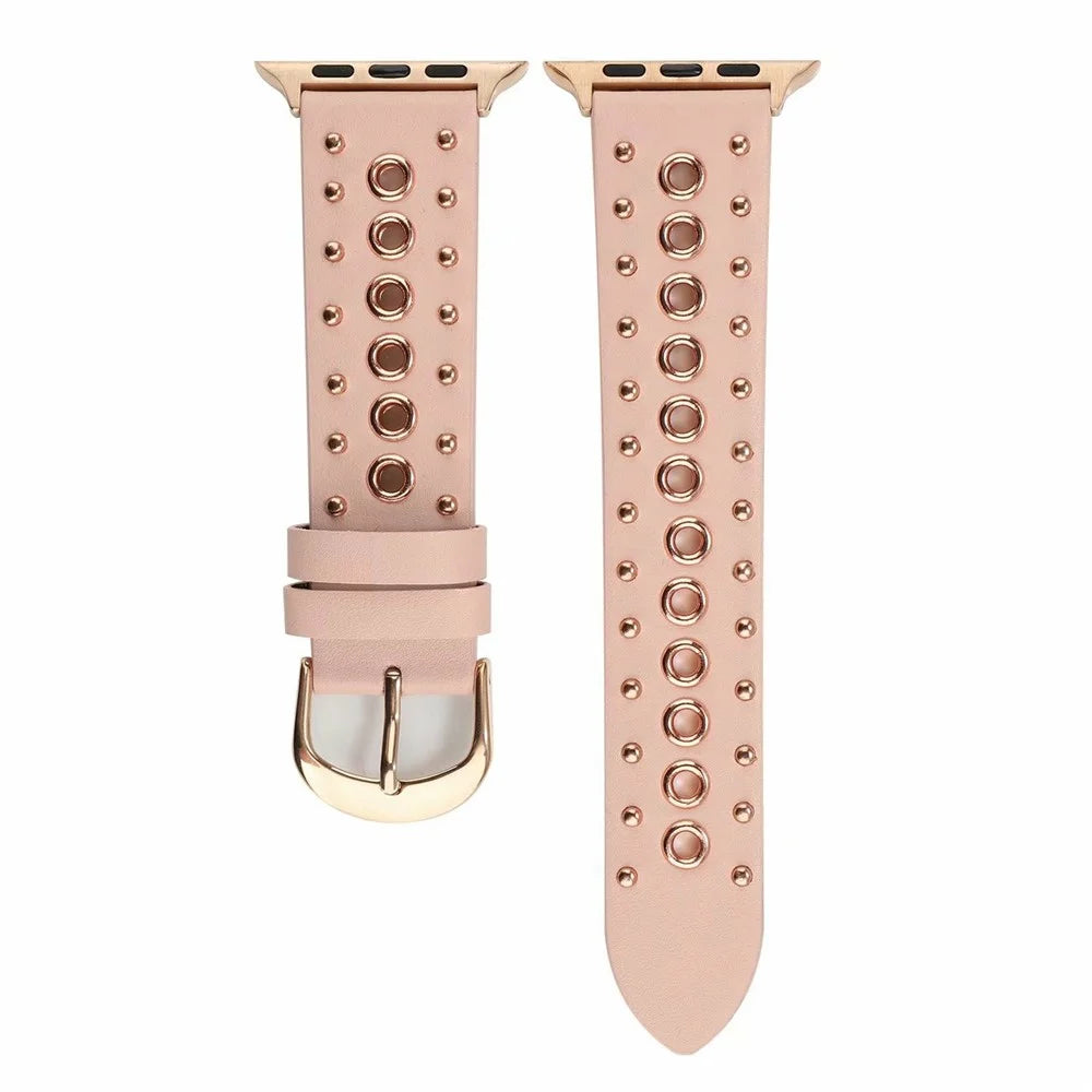 Rivet Punk Style Genuine Leather Watch Replace Strap for Apple Watch Series 11 10 42mm / 9 8 7 41mm / SE3 SE2 SE 6 5 4 40mm / 3 2 1 38mm - Pink - 1