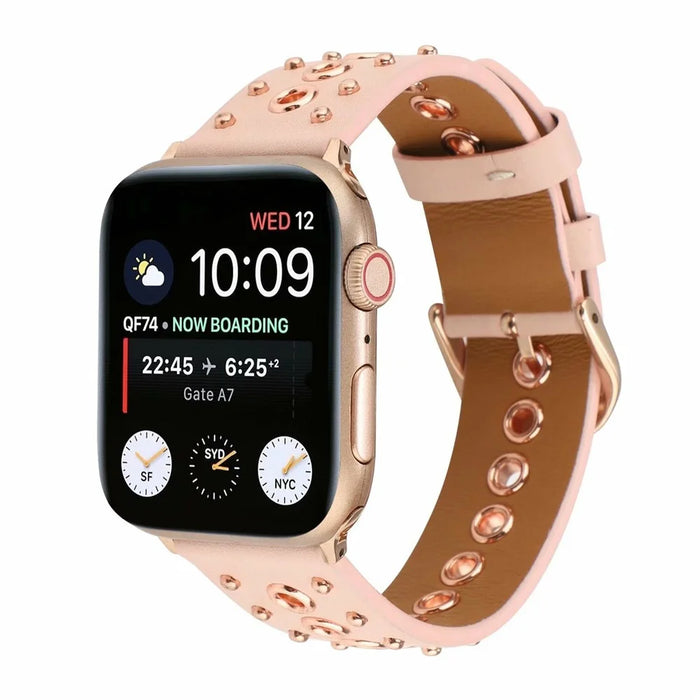 Rivet Punk Style Genuine Leather Watch Replace Strap for Apple Watch Series 11 10 42mm / 9 8 7 41mm / SE3 SE2 SE 6 5 4 40mm / 3 2 1 38mm - Pink - 2