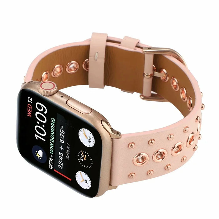 Rivet Punk Style Genuine Leather Watch Replace Strap for Apple Watch Series 11 10 42mm / 9 8 7 41mm / SE3 SE2 SE 6 5 4 40mm / 3 2 1 38mm - Pink - 4