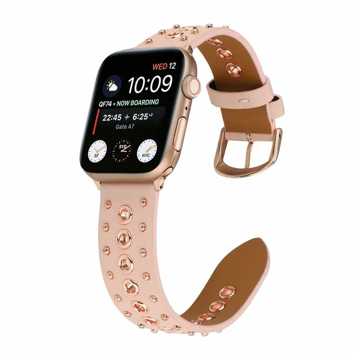 Rivet Punk Style Genuine Leather Watch Replace Strap for Apple Watch Series 11 10 42mm / 9 8 7 41mm / SE3 SE2 SE 6 5 4 40mm / 3 2 1 38mm - Pink - 5