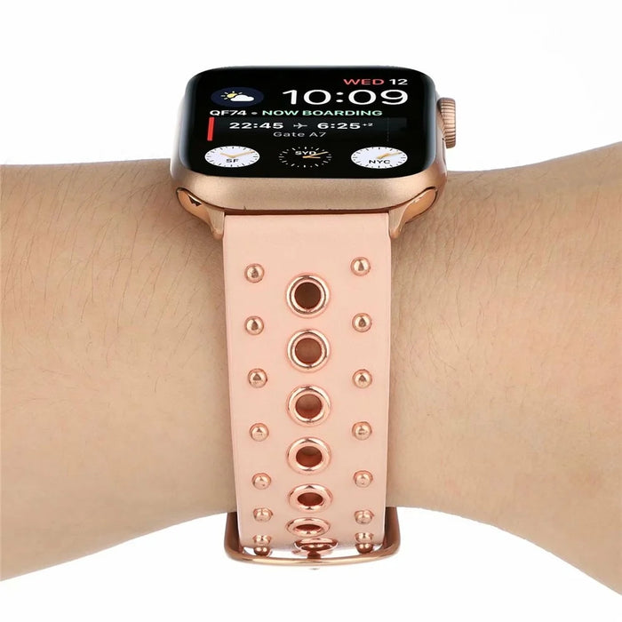 Rivet Punk Style Genuine Leather Watch Replace Strap for Apple Watch Series 11 10 42mm / 9 8 7 41mm / SE3 SE2 SE 6 5 4 40mm / 3 2 1 38mm - Pink - 6