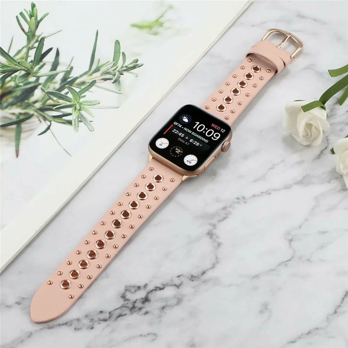 Rivet Punk Style Genuine Leather Watch Replace Strap for Apple Watch Series 11 10 42mm / 9 8 7 41mm / SE3 SE2 SE 6 5 4 40mm / 3 2 1 38mm - Pink - 7