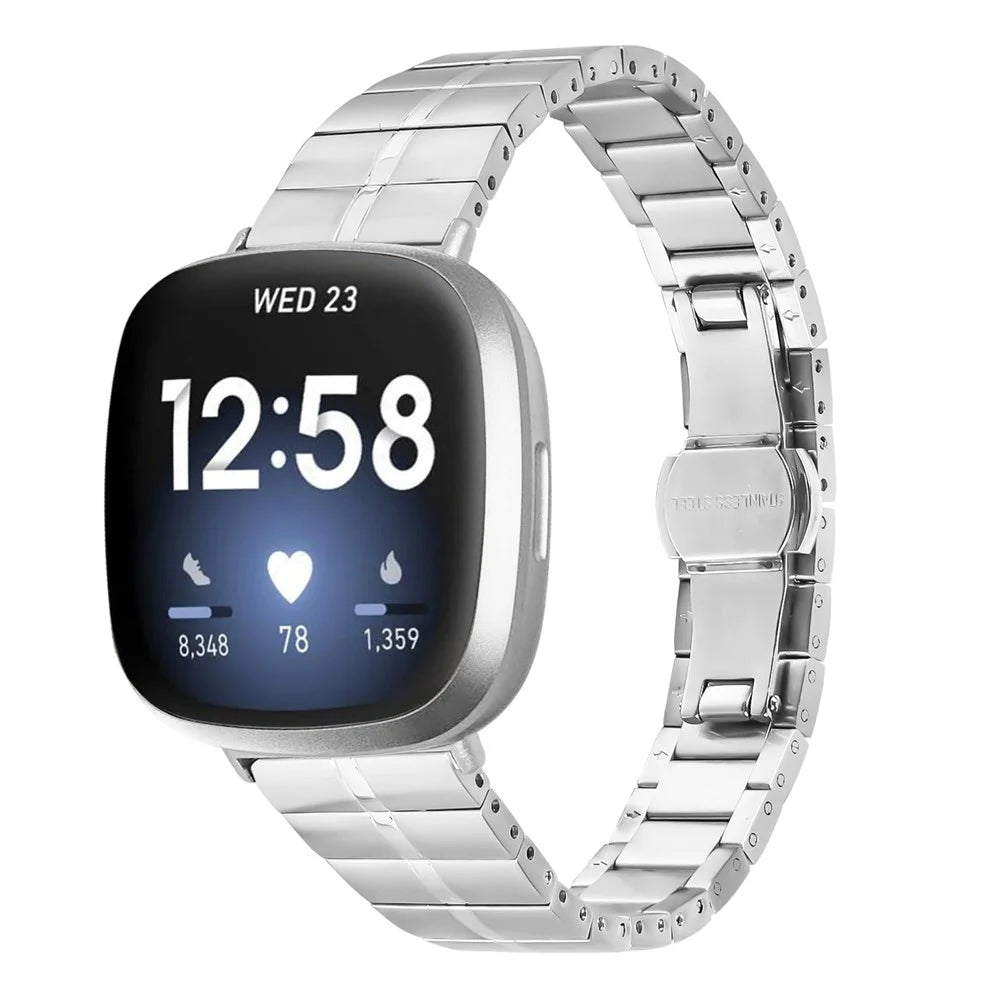 For Fitbit Versa 4 / Sense 2 Wrist Strap 1-Bead Stainless Steel Replacement Smartwatch Band - Silver - 2