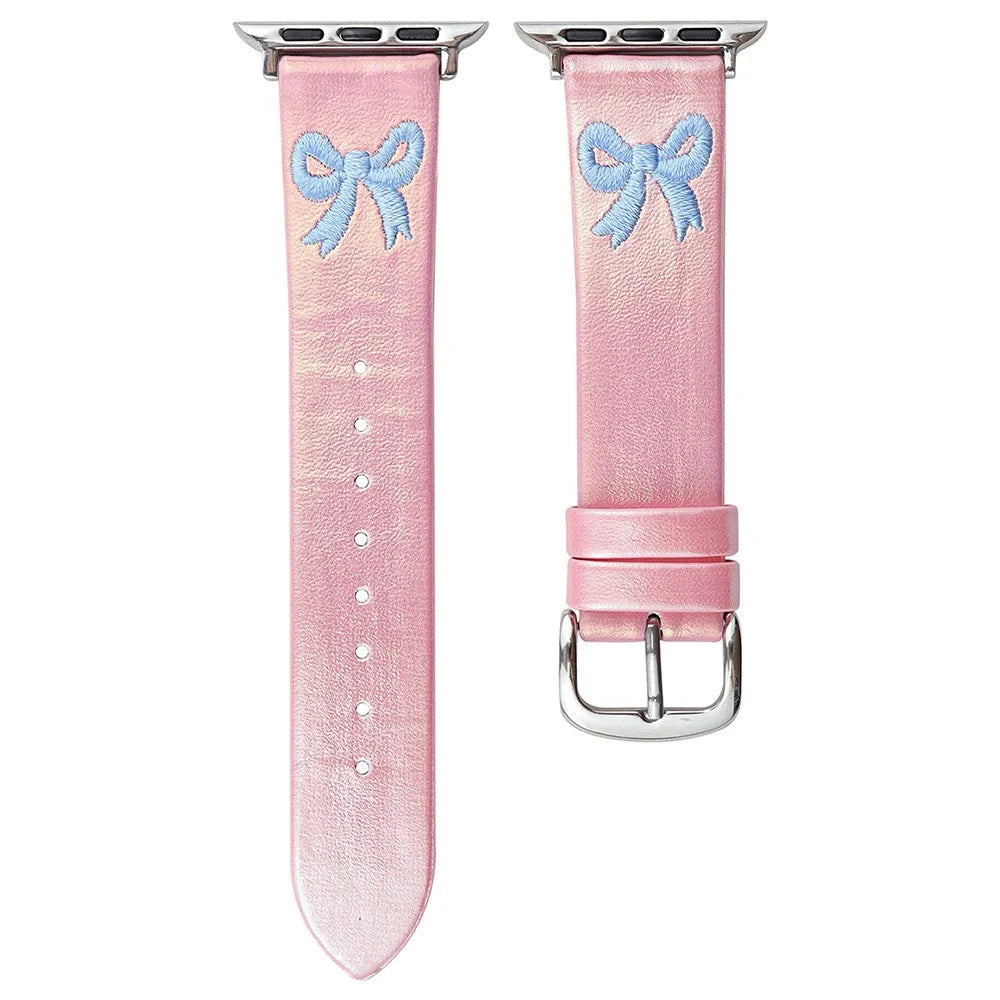 For Apple Watch Series 11 10 42mm / 9 8 7 41mm / SE3 SE2 SE 6 5 4 40mm / 3 2 1 38mm Watch Band Bowknot Leather Strap - Gradient Pink - 1