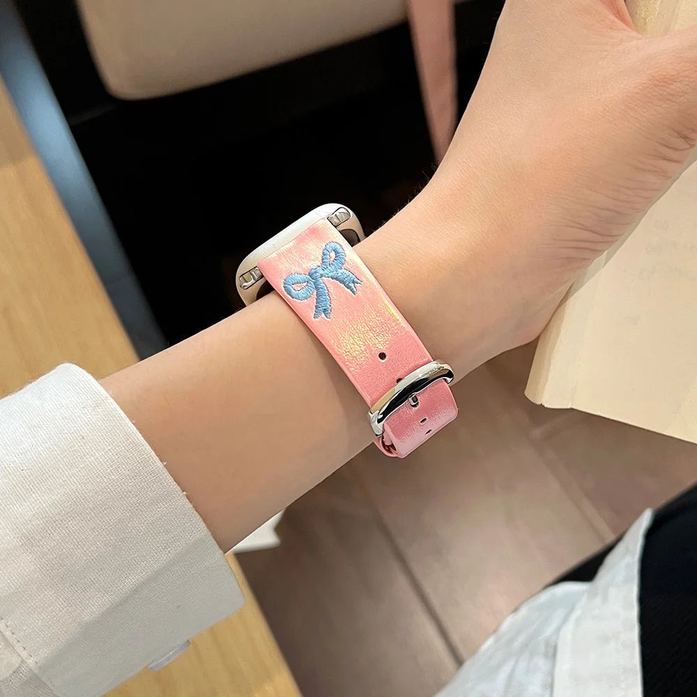 For Apple Watch Series 11 10 42mm / 9 8 7 41mm / SE3 SE2 SE 6 5 4 40mm / 3 2 1 38mm Watch Band Bowknot Leather Strap - Gradient Pink - 4