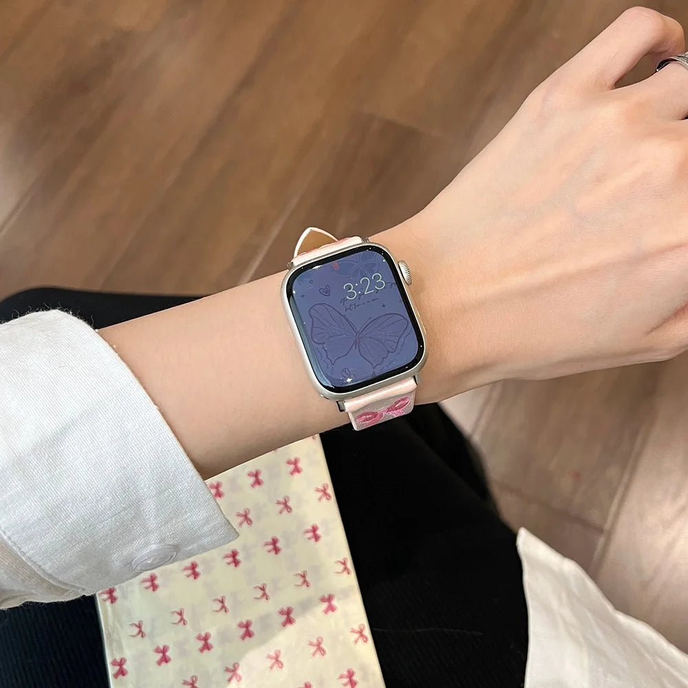 For Apple Watch Series 11 10 42mm / 9 8 7 41mm / SE3 SE2 SE 6 5 4 40mm / 3 2 1 38mm Watch Band Bowknot Leather Strap - Gradient Pink - 5