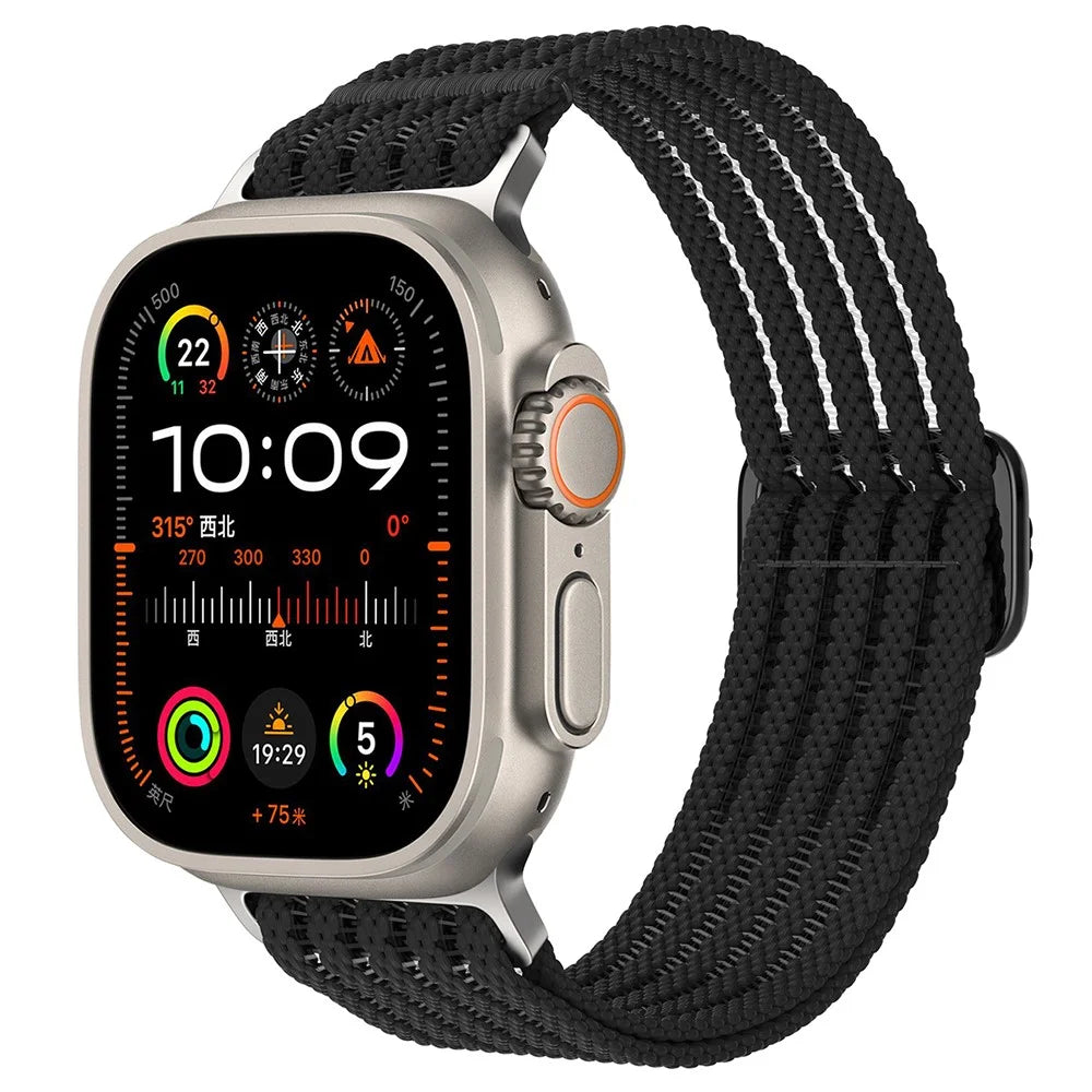 Breathable Nylon Strap for Apple Watch Ultra 3 2 1 49mm / Series 11 10 46mm / 9 8 7 45mm / SE3 SE2 SE 6 5 4 44mm / 3 2 1 42mm Wrist Band - Black - 3