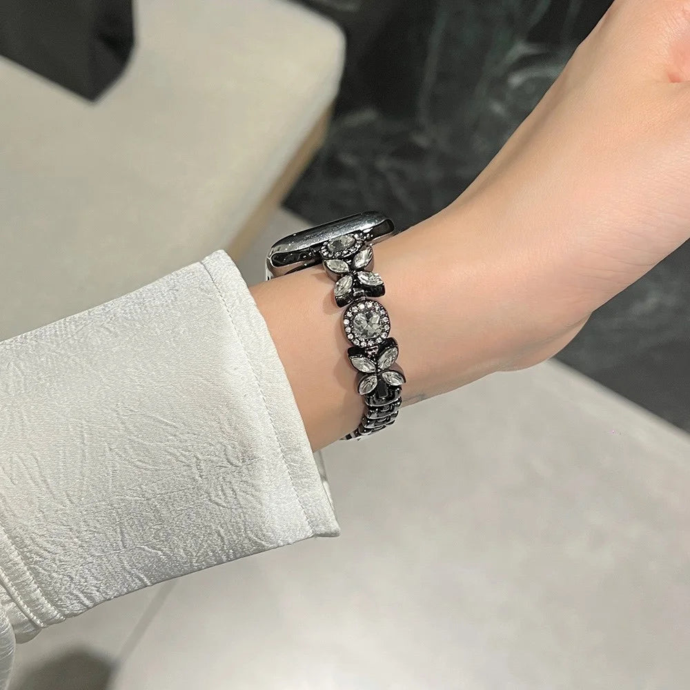 For Apple Watch Series 11 10 42mm / 9 8 7 41mm / SE3 SE2 SE 6 5 4 40mm / 3 2 1 38mm Band Zircon Gems Bracelet - Black - 5
