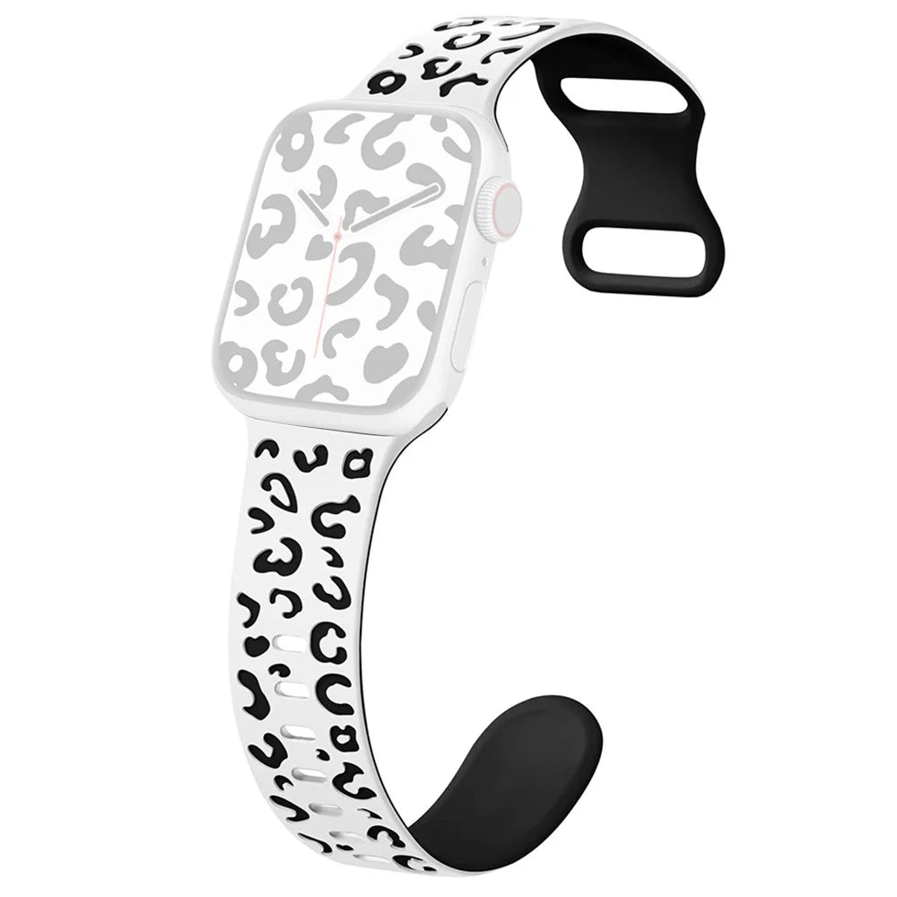 For Apple Watch Series 11 10 42mm / 9 8 7 41mm / SE3 SE2 SE 6 5 4 40mm / 3 2 1 38mm Leopard Silicone Strap - White+Black - 1