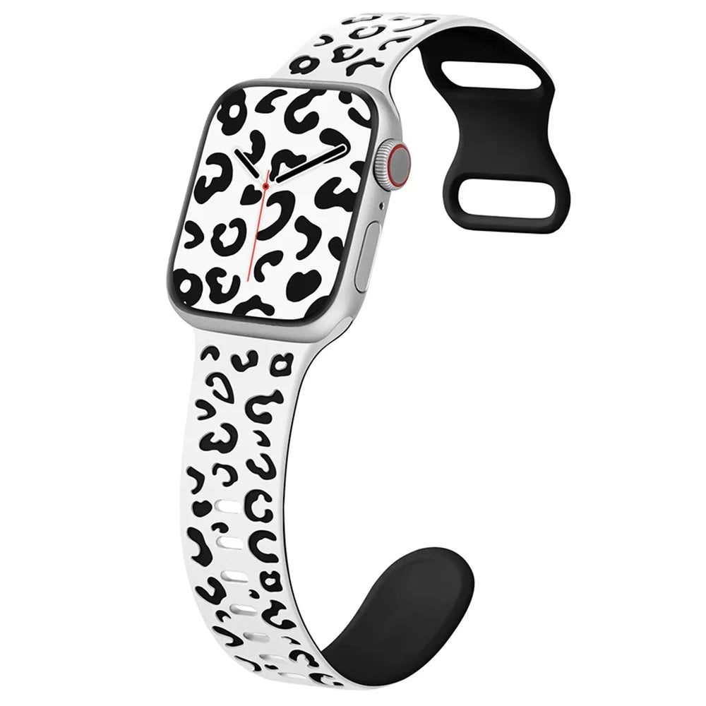 For Apple Watch Series 11 10 42mm / 9 8 7 41mm / SE3 SE2 SE 6 5 4 40mm / 3 2 1 38mm Leopard Silicone Strap - White+Black - 2