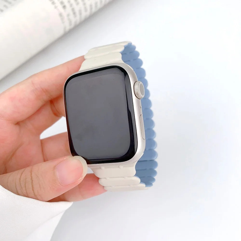 For Apple Watch Series 11 10 42mm / 9 8 7 41mm / SE3 SE2 SE 6 5 4 40mm / 3 2 1 38mm Bamboo Joint Silicone Strap - Antique White+Mist Blue - 2