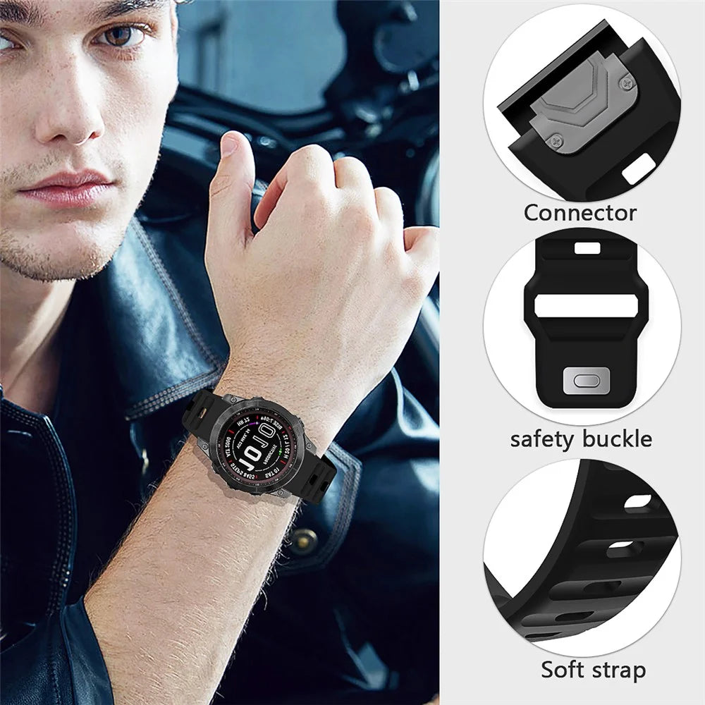 For Garmin Fenix 7X Soft Silicone Watch Strap Adjustable Wrist Band Replacement - Black - 7