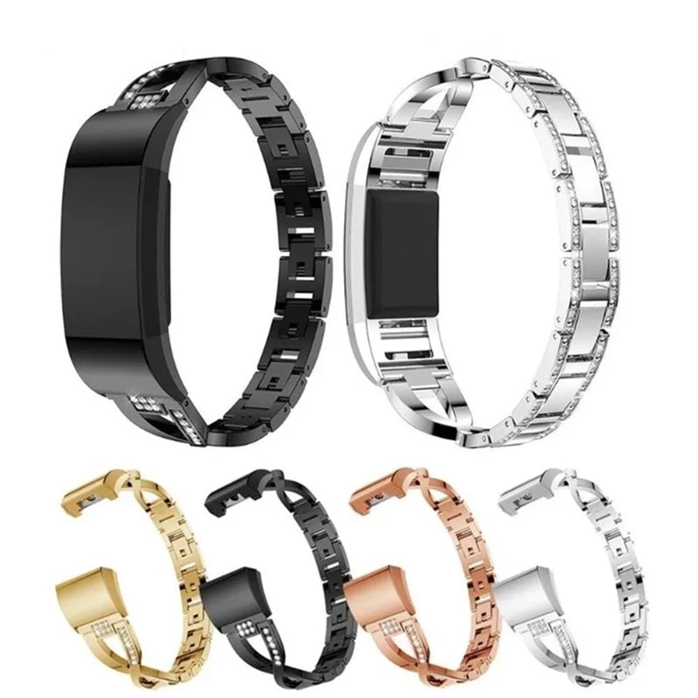 Metal Rhinestone Decor X-shape Watch Band for Fitbit Charge 2 - Black - 6
