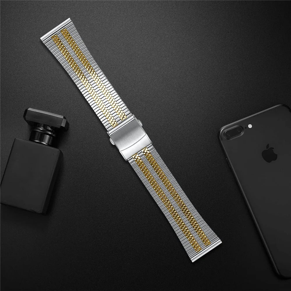 For Samsung Galaxy Watch 46mm Stainless Steel Watch Band Stylish 22mm Replacement Wrist Strap - Silver+Gold - 4