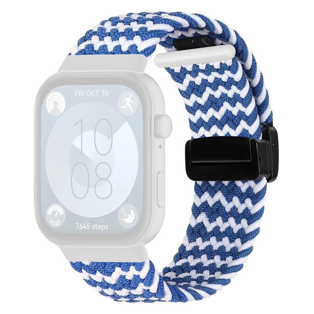 For Huawei Watch Fit 3 Replacement Braided Band Magnetic Buckle Watch Strap - Wave Pattern / Blue+White - 1