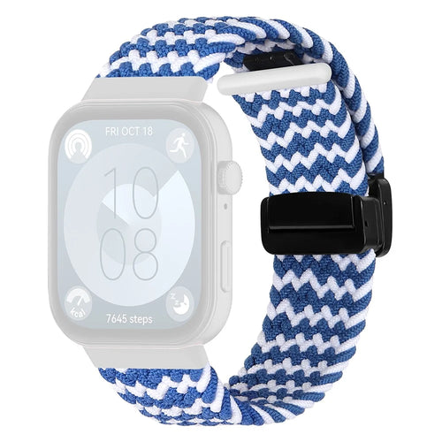 For Huawei Watch Fit 3 Replacement Braided Band Magnetic Buckle Watch Strap - Wave Pattern / Blue+White - 1
