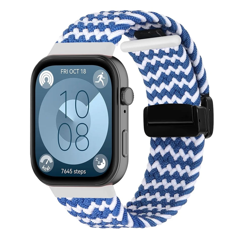 For Huawei Watch Fit 3 Replacement Braided Band Magnetic Buckle Watch Strap - Wave Pattern / Blue+White - 2