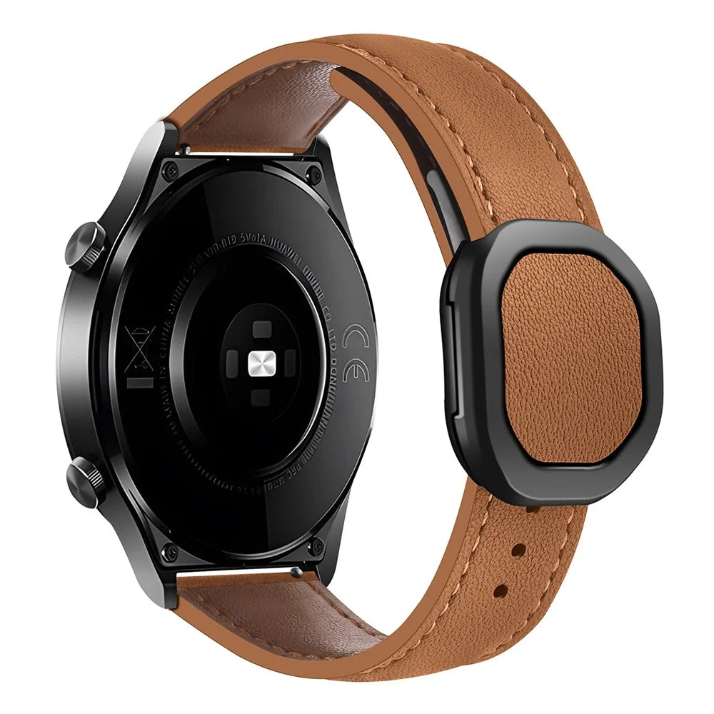 For Huawei / Samsung / Garmin Watch Band 20mm Magnetic Genuine Cow Leather Wrist Strap - Brown - 1