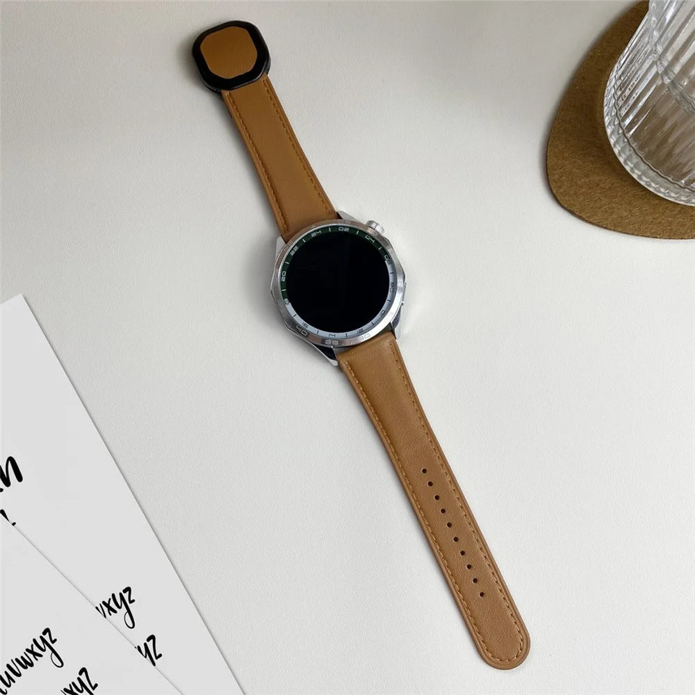 For Huawei / Samsung / Garmin Watch Band 20mm Magnetic Genuine Cow Leather Wrist Strap - Brown - 2