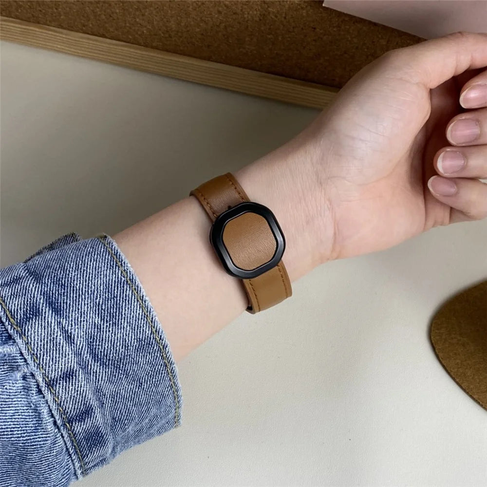 For Huawei / Samsung / Garmin Watch Band 20mm Magnetic Genuine Cow Leather Wrist Strap - Brown - 6