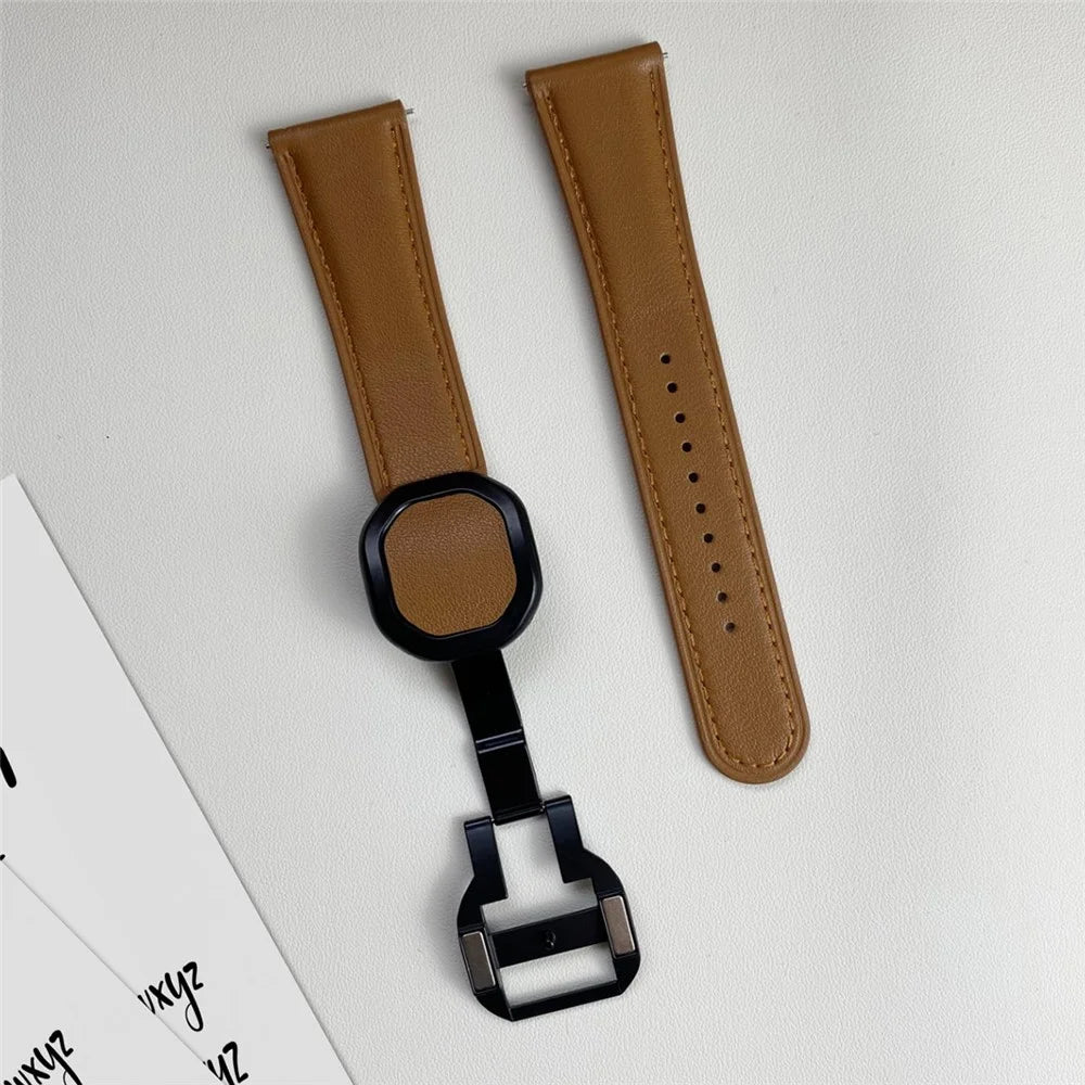 For Huawei / Samsung / Garmin Watch Band 20mm Magnetic Genuine Cow Leather Wrist Strap - Brown - 7