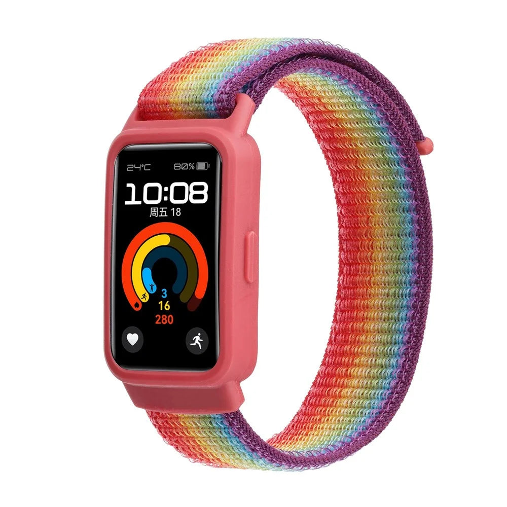 For Huawei Band 8 / 9 Nylon Loop Watch Strap with Integrated TPU Protective Case - Rainbow - 2
