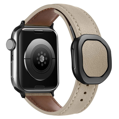 Genuine Cow Leather Strap for Apple Watch Series 11 10 42mm / 9 8 7 41mm / SE3 SE2 SE 6 5 4 40mm / 3 2 1 38mm Magnetic Buckle Wrist Band - Apricot - 1
