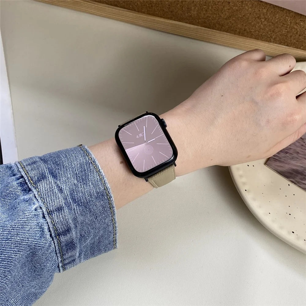 Genuine Cow Leather Strap for Apple Watch Series 11 10 42mm / 9 8 7 41mm / SE3 SE2 SE 6 5 4 40mm / 3 2 1 38mm Magnetic Buckle Wrist Band - Apricot - 4