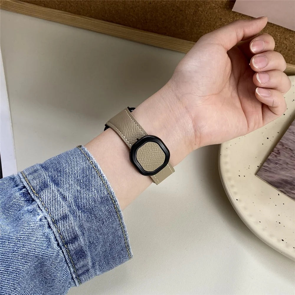 Genuine Cow Leather Strap for Apple Watch Series 11 10 42mm / 9 8 7 41mm / SE3 SE2 SE 6 5 4 40mm / 3 2 1 38mm Magnetic Buckle Wrist Band - Apricot - 6