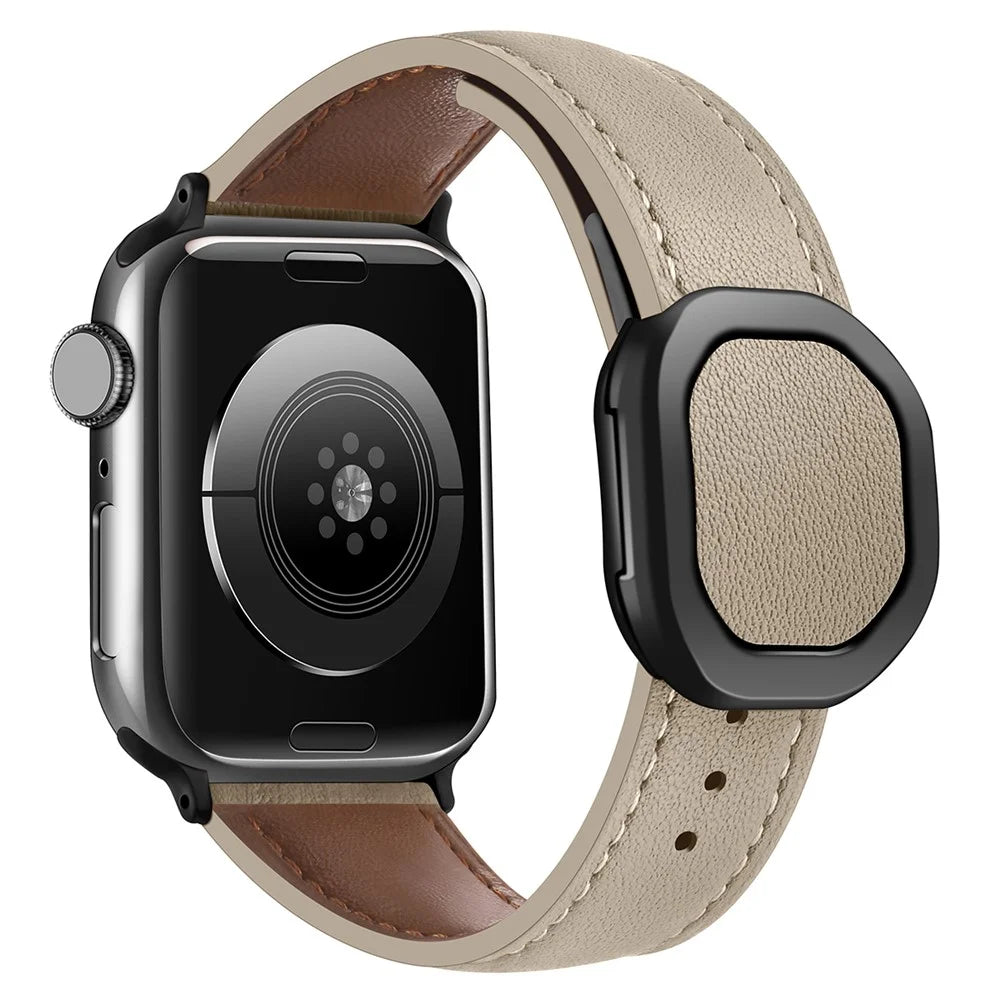 For Apple Watch Ultra 3 2 1 49mm / Series 11 10 46mm / 9 8 7 45mm / SE3 SE2 SE 6 5 4 44mm / 3 2 1 42mm Genuine Cow Leather Wrist Band - Apricot - 1