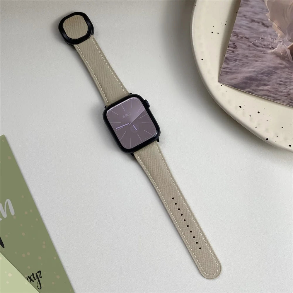 For Apple Watch Ultra 3 2 1 49mm / Series 11 10 46mm / 9 8 7 45mm / SE3 SE2 SE 6 5 4 44mm / 3 2 1 42mm Genuine Cow Leather Wrist Band - Apricot - 2