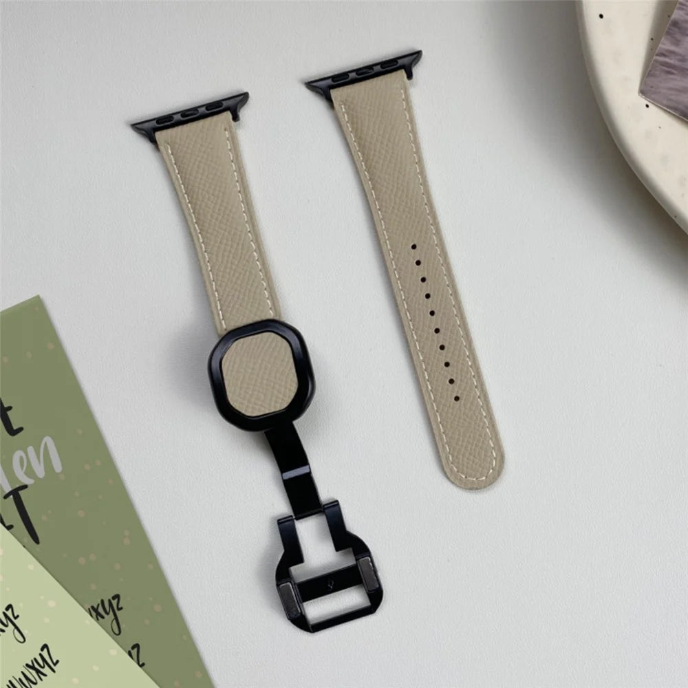 For Apple Watch Ultra 3 2 1 49mm / Series 11 10 46mm / 9 8 7 45mm / SE3 SE2 SE 6 5 4 44mm / 3 2 1 42mm Genuine Cow Leather Wrist Band - Apricot - 3