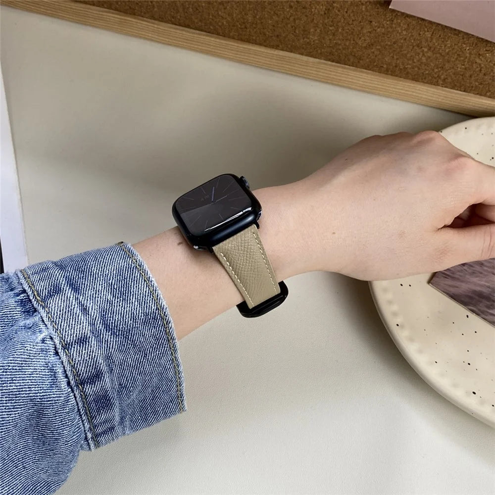 For Apple Watch Ultra 3 2 1 49mm / Series 11 10 46mm / 9 8 7 45mm / SE3 SE2 SE 6 5 4 44mm / 3 2 1 42mm Genuine Cow Leather Wrist Band - Apricot - 5