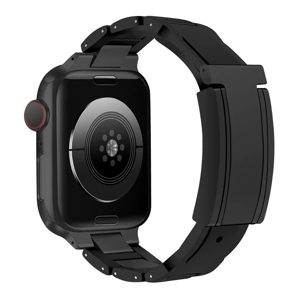 For Apple Watch Series 11 10 42mm / 9 8 7 41mm / SE3 SE2 SE 6 5 4 40mm / 3 2 1 38mm Stainless Steel+Rubber Strap - Black+Black Buckle - 1
