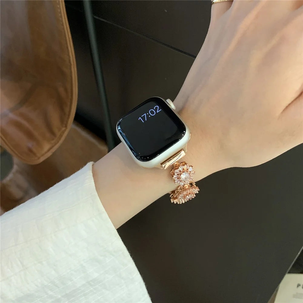 For Apple Watch Ultra 3 2 1 49mm / Series 11 10 46mm / 9 8 7 45mm / SE3 SE2 SE 6 5 4 44mm / 3 2 1 42mm Zircon Wrist Band - Rose Gold - 5