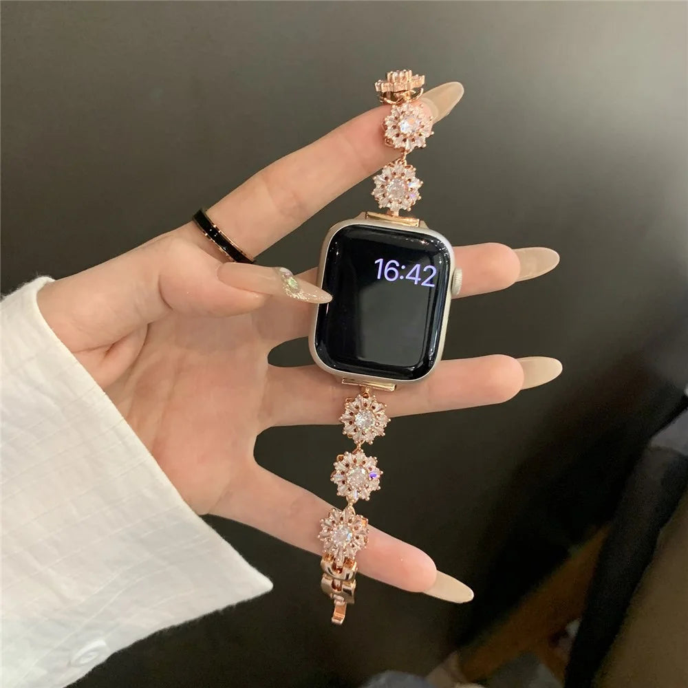 For Apple Watch Ultra 3 2 1 49mm / Series 11 10 46mm / 9 8 7 45mm / SE3 SE2 SE 6 5 4 44mm / 3 2 1 42mm Zircon Wrist Band - Rose Gold - 6
