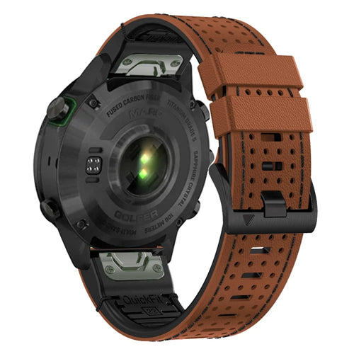 For Garmin Fenix 7X / 7X Pro 51mm / 6X Watch Band 26mm Leather + Silicone Replacement Wristband Strap - Brown+Black - 1