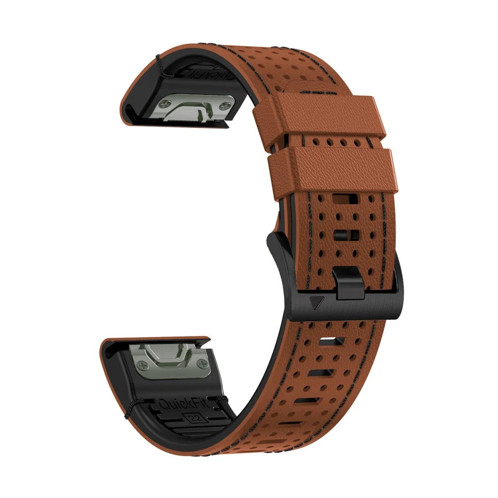 For Garmin Fenix 7X / 7X Pro 51mm / 6X Watch Band 26mm Leather + Silicone Replacement Wristband Strap - Brown+Black - 3