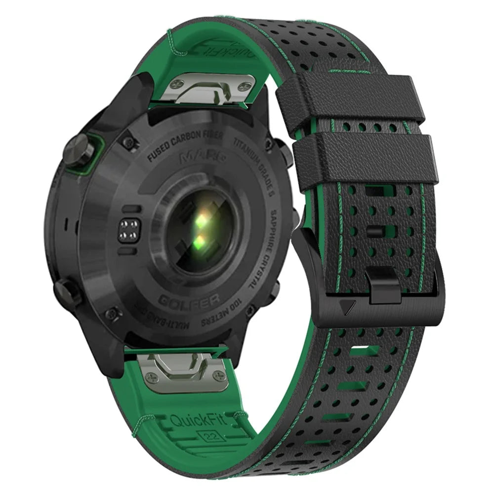 For Garmin Fenix 7 / 7 Pro 47mm Watch Strap 22mm Leather + Silicone Watch Band - Black+Green - 1