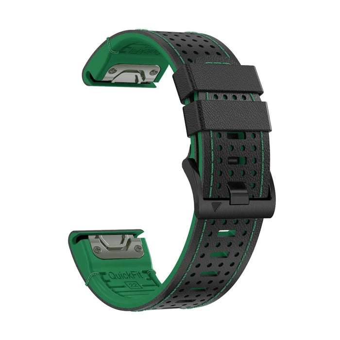 For Garmin Fenix 7 / 7 Pro 47mm Watch Strap 22mm Leather + Silicone Watch Band - Black+Green - 3