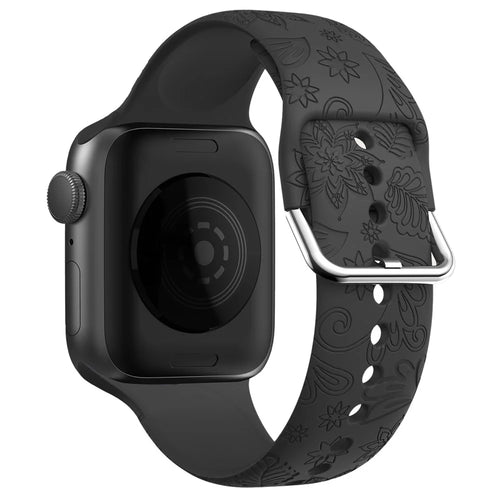 For Apple Watch Ultra 3 2 1 49mm / Series 11 10 46mm / 9 8 7 45mm / SE3 SE2 SE 6 5 4 44mm / 3 2 1 42mm Pattern Imprinted Silicone Strap - Black - 1