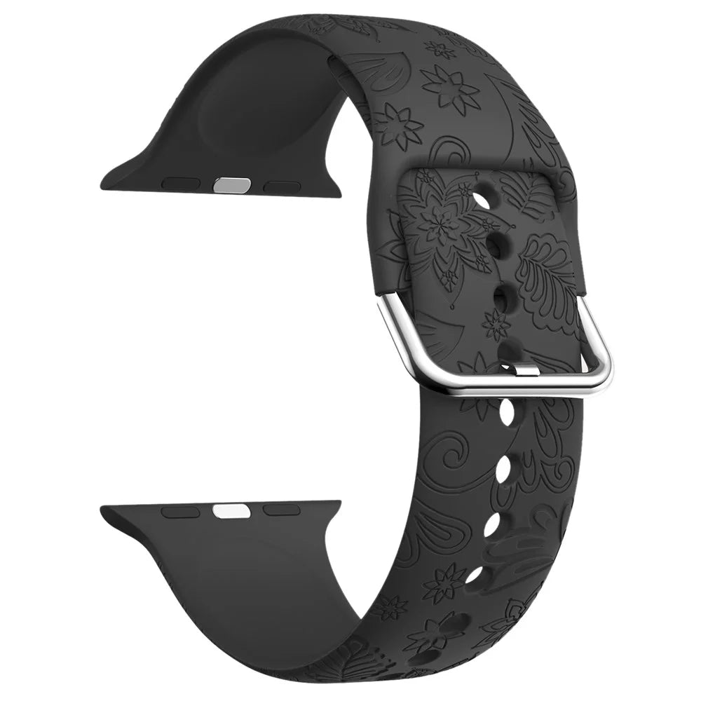 For Apple Watch Ultra 3 2 1 49mm / Series 11 10 46mm / 9 8 7 45mm / SE3 SE2 SE 6 5 4 44mm / 3 2 1 42mm Pattern Imprinted Silicone Strap - Black - 2