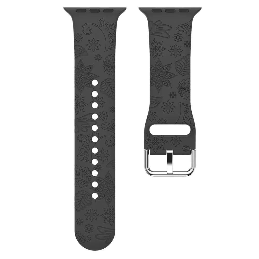 For Apple Watch Ultra 3 2 1 49mm / Series 11 10 46mm / 9 8 7 45mm / SE3 SE2 SE 6 5 4 44mm / 3 2 1 42mm Pattern Imprinted Silicone Strap - Black - 3