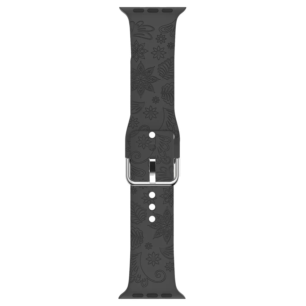 For Apple Watch Ultra 3 2 1 49mm / Series 11 10 46mm / 9 8 7 45mm / SE3 SE2 SE 6 5 4 44mm / 3 2 1 42mm Pattern Imprinted Silicone Strap - Black - 4